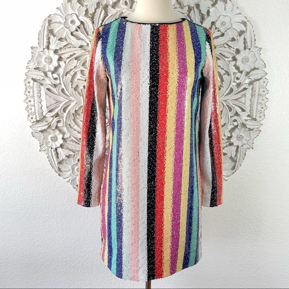 {Mestiza New York} Sequin Rainbow Striped Mini Shift Dress, Size 0